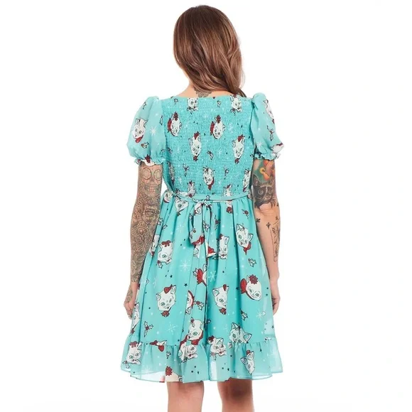 Sourpuss Christmas Kitties Women’s Cream Puff Dress Ice Blue New - Picture 3 of 11